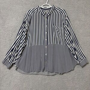 Plus Size Striped Button Front Blouse Roll Tab Sleeve Lightweight Top 3X